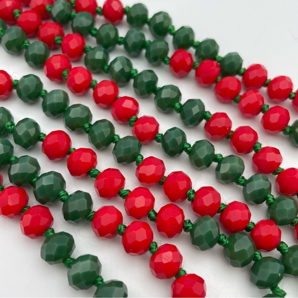Red & Green Faceted Bead Necklace 55” Long Hand Knotted